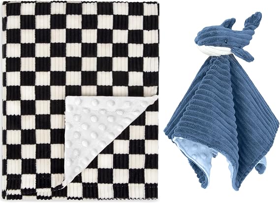 Baby Blanket+Whale Baby Security Blanket for Boys Comfy Durable Corduroy Toddler Blanket with Double Layer Dotted Backing Checkerboard Grid Chessboard Gingham Warmer Bed Blankets for Newborn Infants