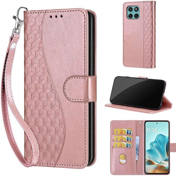 Wallet Case for Motorola Moto Edge 2025, Rose Gold | Women Flip Folio Cover, Embossed PU Leather, Stand, Credit Card Holders Slots, Wrist Strap