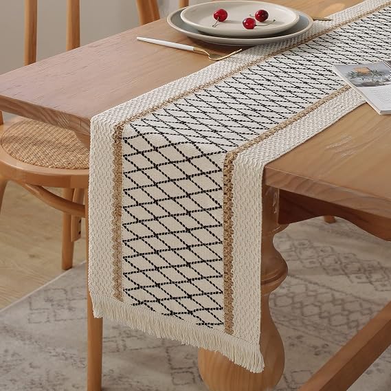 Boho Burlap Macrame Table Runner, Farmhouse Style Cotton Linen Rustic Woven Table Runner with Tassels for Dining, Wedding, Bridal Shower, Bohemian (12x72 inch, Black Grid)