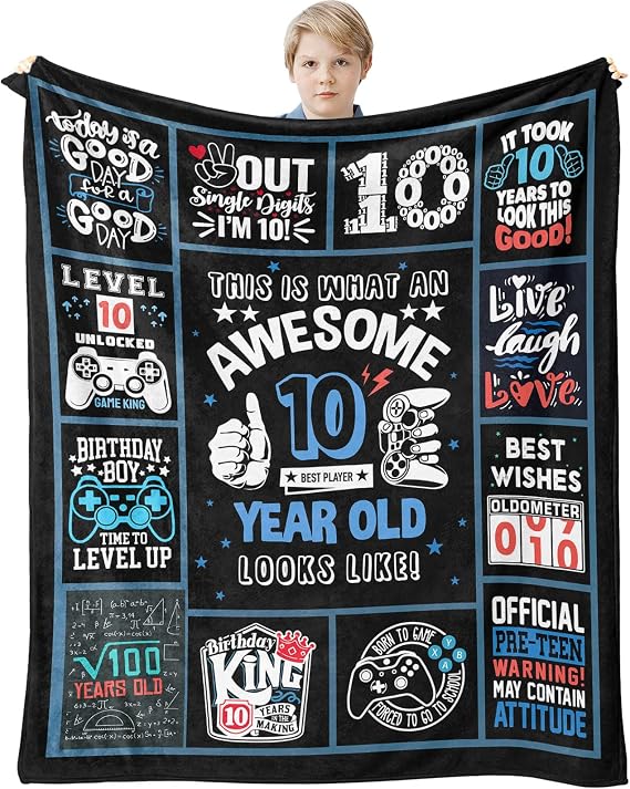 10 Year Old Boys Gifts, 10-Year-Old Boy Birthday Gift, Coolest Double Digits Birthday Boy Present Blanket 60 X 50 Inch, Boys 10th Birthday Decorations