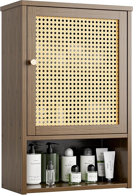 Bathroom Wall Cabinet, Bamboo Over-The-Toilet Storage Organizer with Rattan Doors and Adjustable Shelf, Space Saver Medicine Cabinet for Laundry, Kitchen, Living Room (Walnut)