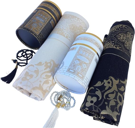 SAIKA Muslim Prayer Rug, Two Prayer mats and Prayer Beads with Kaaba Design Cylinder Gift Box,Islamic Gifts, Janamaz, Sajadah