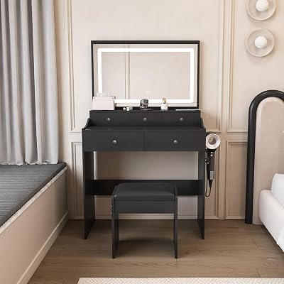 Large Makeup Vanity Desk with Lighted Mirror - Modern Dressing Table with 5 Drawers, 3 Color Lighting, Power Outlet & Hair Dryer Holder, Glossy White Vanity Set for Bedroom