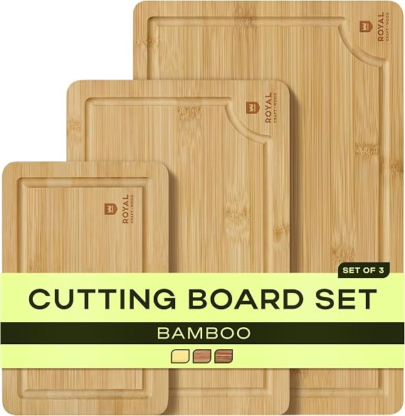 ROYAL CRAFT WOOD Wooden Cutting Boards for Kitchen Meal Prep & Serving - Bamboo Wood Serving Board Set with Deep Juice Groove Side Handles - Charcuterie & Chopping Butcher Block for Meat