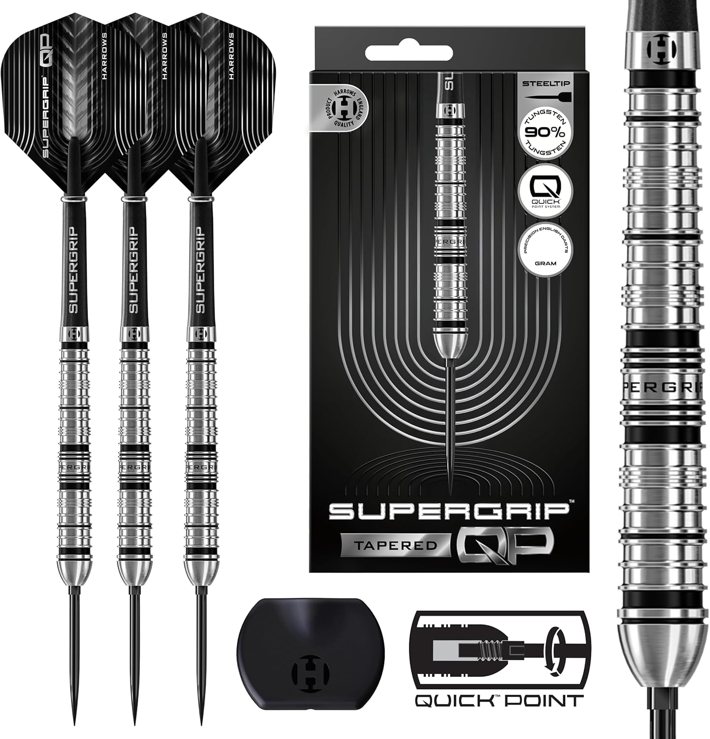 Harrows SuperGrip QP Tapered 90% Tungsten Darts | Steel Tip Darts Set with Quick Point Change System | 22g, 23g, 24g, 26g, 28g & 30g | Includes Supergrip Shafts & 100 Micron Flights