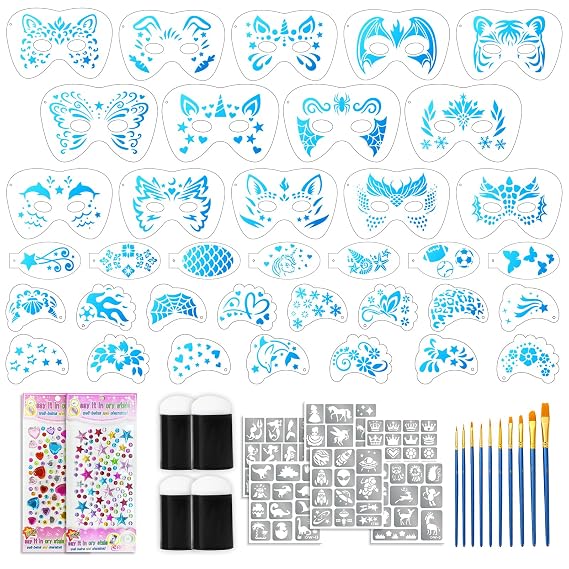 58 PCS Face Paint Stencils for Kids and Adults, 36 Reusable Facial Painting Templates, 6 Sticky Tattoo Stencils, 10 Makeup Brushes, 2 Adhesive Gem Stickers, 4 Finger Sponges for Party Makeup