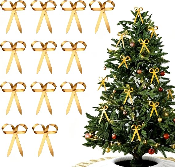 Daifunli 12 Pcs Gold Metal Christmas Bow Ornaments for Tree Garland Wreath