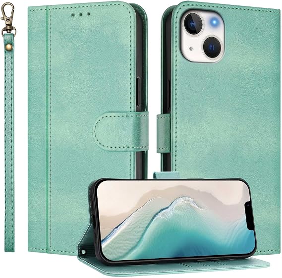 Wallet Case for iPhone 13 with Card Holder & Wrist Strap (Mint) | Card Slots, Cash Pocket, PU Leather Flip Cover, Magnetic Closure, Kickstand, Folio Protective Cases for iPhone 13 6.1 Inch