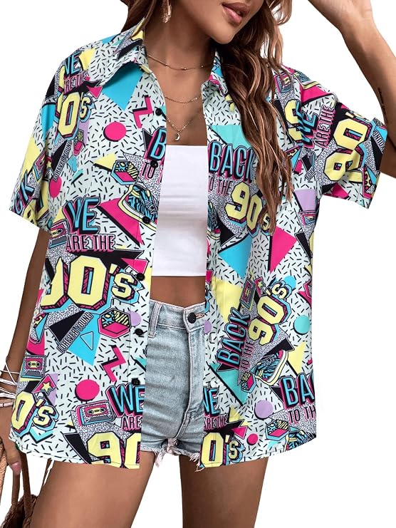 80s 90s Shirts Women Hawaii 80s 90s Outfits Vintage Back to The 90s Graphic Tee Retro Party Disco Short Sleeve Button Up Top