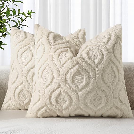 decorUhome Faux Fur Plush Soft Beige Throw Pillow Covers 18x18 Set of 2 | Wool Solid Fall Couch Pillow Covers, Accent Modern Farmhouse Neutral Decorative Square Pillow Cases for Sofa Bed Living Room