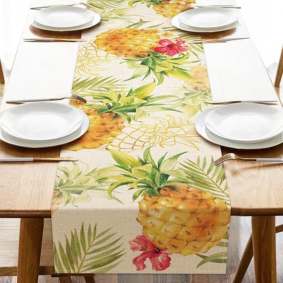 Summer Pineapple Dining Table Runner, Tropical Fruit Palm Leaves | Hibiscus Flower Burlap Kitchen Decoration, Spring Seasonal Indoor Outdoor Home Decor Party Supply 13 x 72 Inches