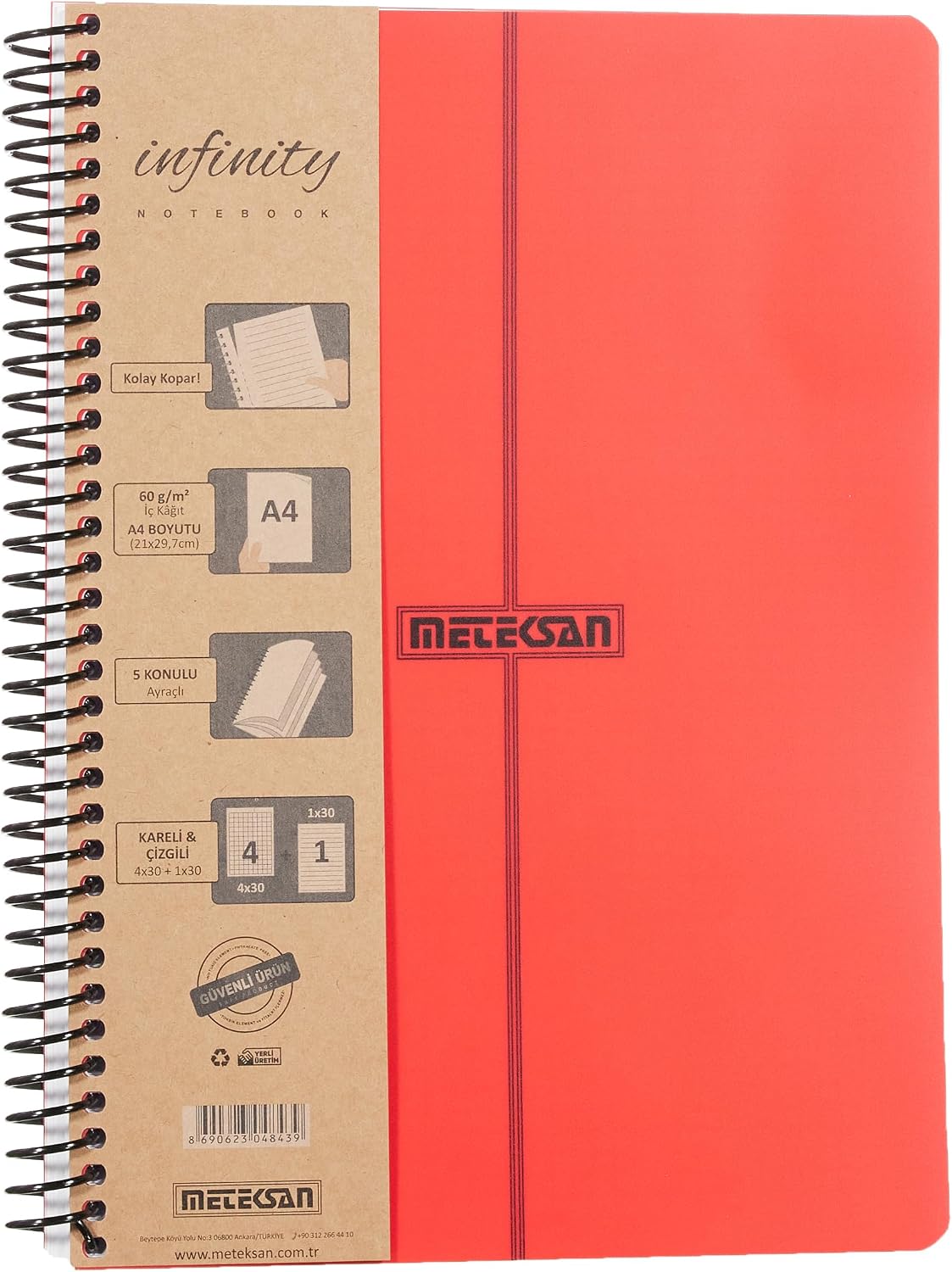 Meteksan Infinity Primary Series, A4, 5-Theme 4 Squared, 1 Striped 150-Leaf PP Spiral Notebook with Cover, Red
