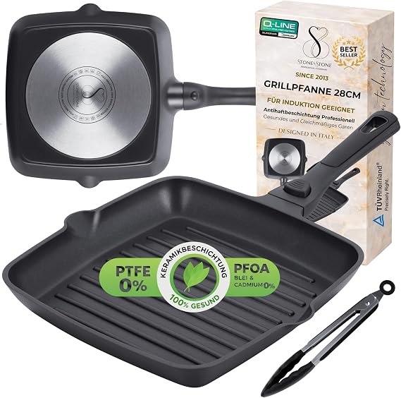 Stone&Stone Grillpfanne Induktion 28 cm Quadratisch Antihaft Abnehmbarer Griff GREBLON Keramikbeschichtung Vollstahlboden Backofen 230 °C Ohne PFAS PTFE PFOA inkl. Gratis-Grillzange