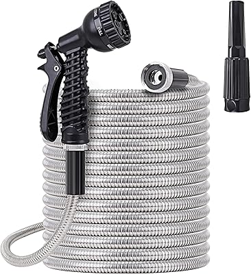 FOXEASE Stainless Steel Garden Hose 75 ft - Metal Water Hose with 2 Nozzles, Lightweight, Tangle Free & Kink Free, Heavy Duty, High Pressure, Flexible, Dog Proof