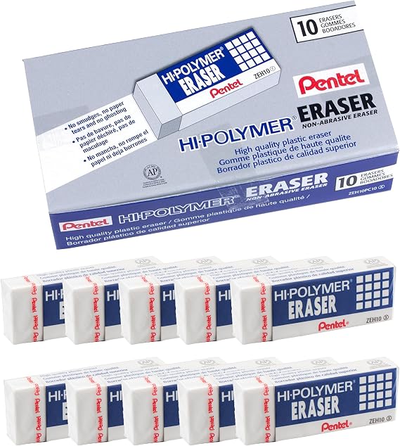 Pentel Hi-Polymer Block Eraser, Large, White, Pack of 10 Erasers
