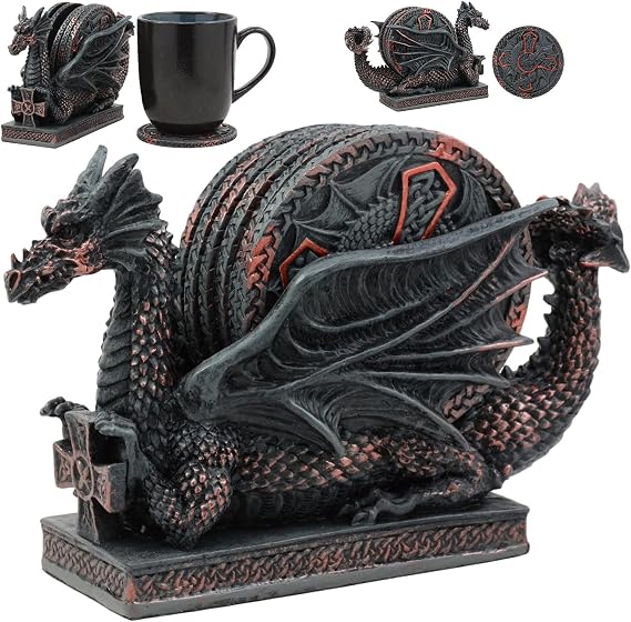 Ebros The Voyage of The Rune Celtic Dragon Coaster Set Figurine Holder and Five Round Dragon Crucifix Detailed Coasters