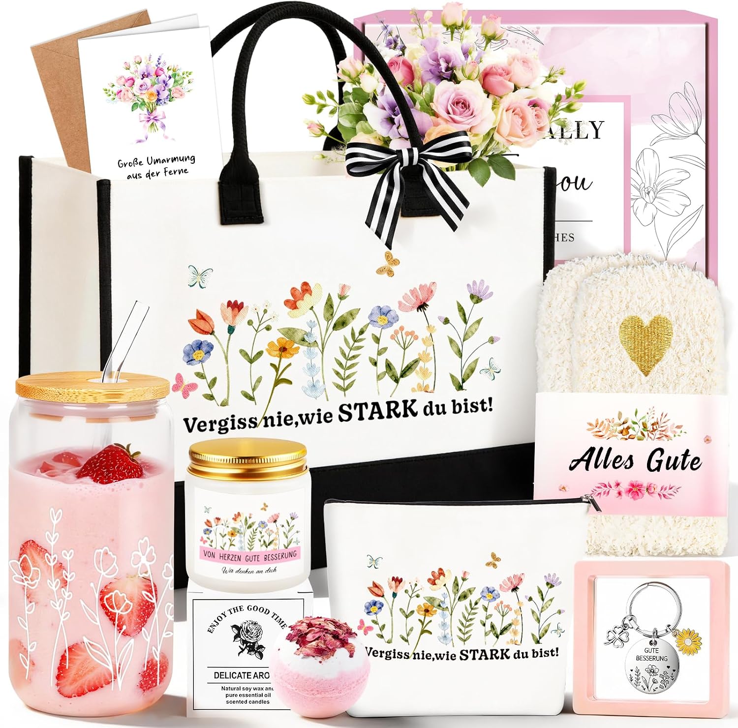 Gute Besserung Geschenke Frau 8tlg. Positive Geschenke Freundin mit Canvas Einkaufstasche Ermutigende Geschenkset mit Genesungskarte für Oma Mama Ehefrau Freundin Kollegin Tochter