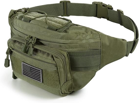 SOWHUP Tactical Fanny Pack,Military Waist Bag Pack with U.S Patch Utility Hip Belt Bumbag for Outdoor Fishing Hiking (Army Green(4 Zipper Pockets))