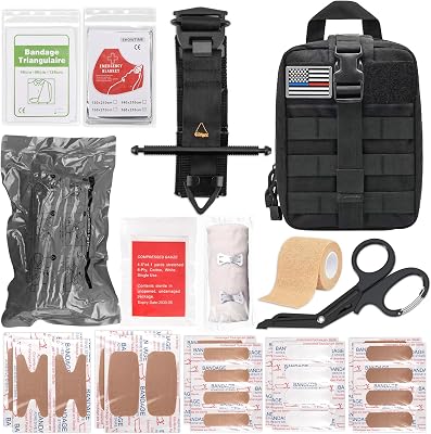 IFAK Trauma Kit with Tourniquet, 4-Inch Israeli Bandage, Splint, Tactical First Aid Kit for Car, Camping, Hiking and Travel with Molle Bag Black