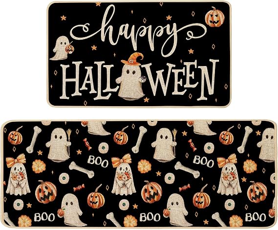 Baccessor Halloween Ghost Kitchen Mats Set of 2, Spooky Pumpkins Ghost Black Kitchen Mat Rug Low-Profile Non Slip Absorbent Kitchen Floor Mats for Fall Home Party Decor 17x29 and 17x47 Inch