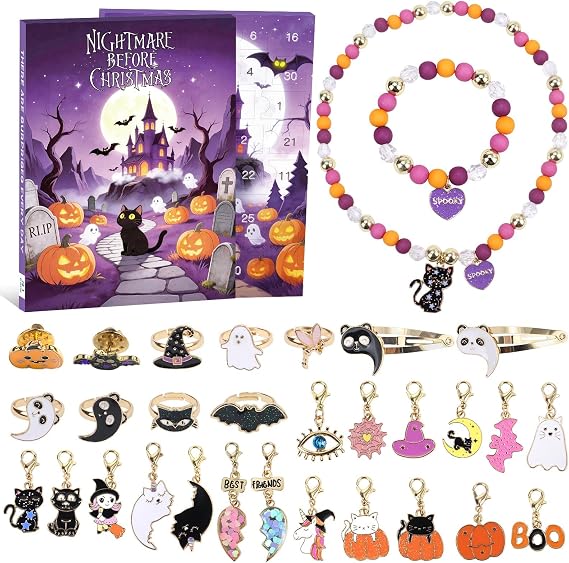 SWIND 2026 Halloween Advent Calendar, 31 Days DIY Jewelry Making Countdown Calendar, Make Your Own Necklace & Bracelet Kit with 31Pcs Halloween Collectible Accessories