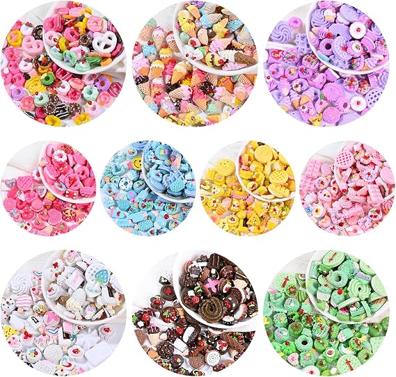 100 pcs Assorted Slime Charms, Cute Candy Sweet Fruits Donut Charms Ornaments Flatback Resin Cabochons for Craft Making Ornament Scrapbooking DIY Crafts Beads Making Supplies