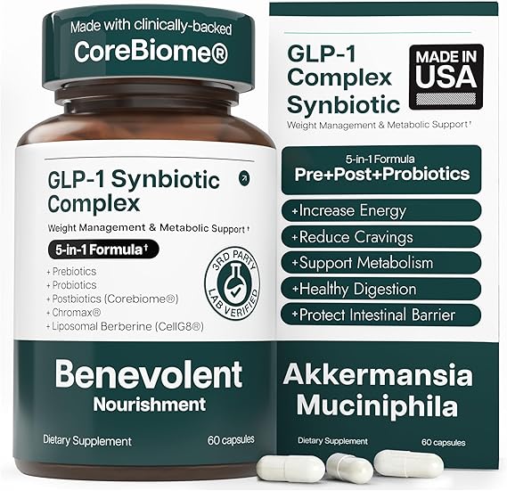 Benevolent Natural GLP-1 Probiotics Supplement for Gut Health, 60 Capsules | 5-in-1 Synbiotic with Akkermansia, MetSyn, Chromax & Liposomal Berberine | Glp-1 Support for Weight Management & Metabolism