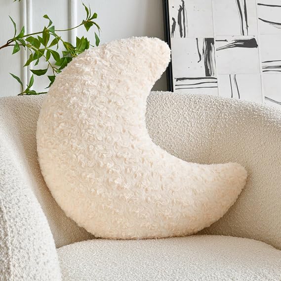 Moon Shaped Pillow with Soft Faux Fur for Couch, Bed, Sofa - Cute Half Moon Pillows with Room Decor for Bedroom, Living Room (14.9 Inches, Beige)