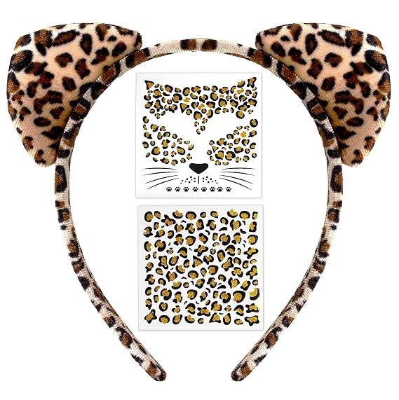 akiido Cheetah Leopard Ears Headband & Face Stickers Tattoos Set- Leopard Print Cat Ears Headband for Cheetah Costume Women Adult, Halloween Cosplay Party Accessories