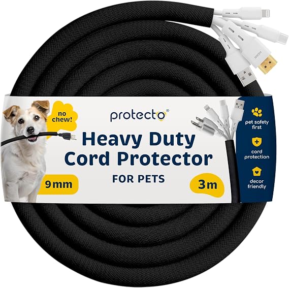 PROTECTO Wire Protector from Pets, Black Cable Sleeve Tidy Tube Animal Proof, 3m Odor-Free Cat & Dog Chew Resistant Floor Cable Cover, Plastic Cord Organiser for Power, Lightning, RCA & HDMI Cables
