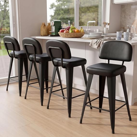 Yongchuang 30" Bar Stools Set of 4, Black Faux Leather Bar Height Stools with Back Metal Legs Modern Upholstered Kitchen Island Bar Chairs