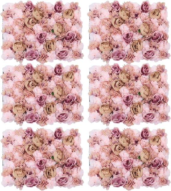 6Pcs Artificial Wall Flower Backdrop, 24" X 16" Flowers Wall Panel, 3D Decoration Silk Rose Hydrangea Wall Mat for Garden, Outdoor, Indoor, Party, Wedding and Photo Backdrop Decor