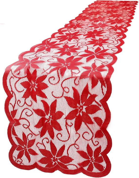 Christmas Table Runner Lace Table Runner with Red Leaves, Christmas Runners for Table, Xmas Table Decorations Tables Flag Holiday Table Runners for Xmas Wedding Party Home Decor