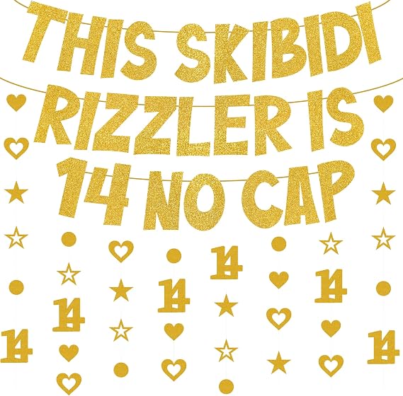 Skibidi Rizzler Birthday Banner Decorations - This Skibidi Rizzler Is 14 No Cap Gold Glitter Banner, Pre-Strung Stars Hearts Garland Ideas Funny Zoomer Gen Z Slang 14th Birthday Party Supplies