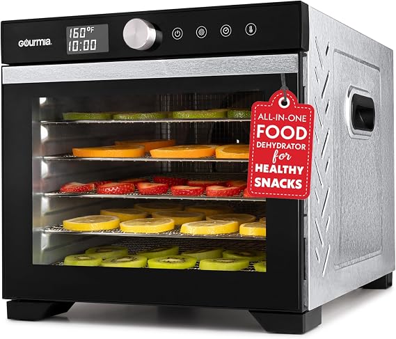 Gourmia Digital Food Dehydrator 6 Stainless Steel Trays, 360 Airflow, One-Touch Presets, Adjustable Temp 95165F, Timer, Glass Door, Quiet Operation, 600W Healthy Snacks, Jerky, Fruits & More
