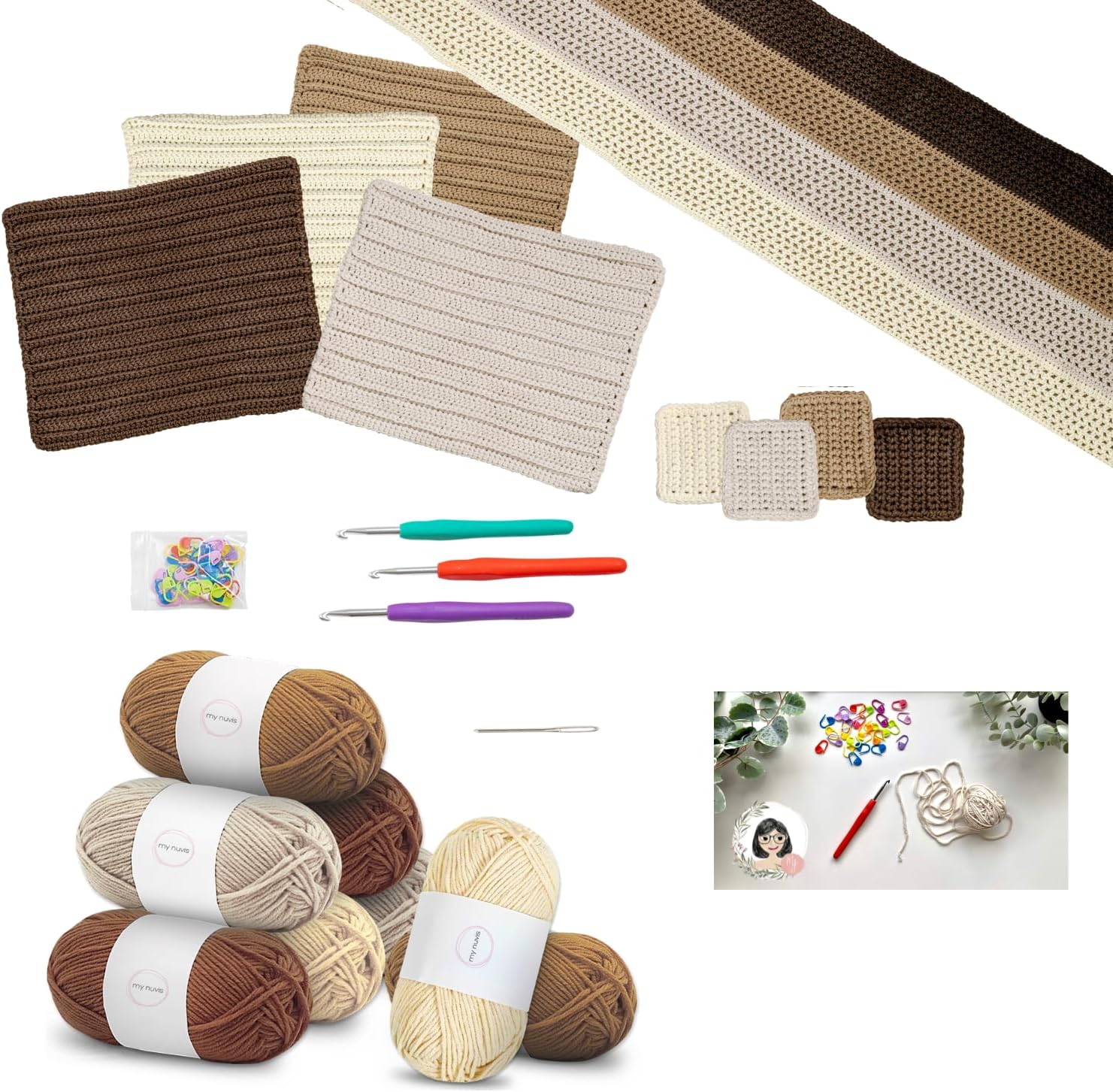 My Nuvis Crocheting Kit for Beginners-Crochet Kit for Starters Adult Crafts & Kids Crafts-Choose Your Project-Coasters & Placemats or 1 Table Runner-Instructional Videos, Crochet Accessories -Crochet