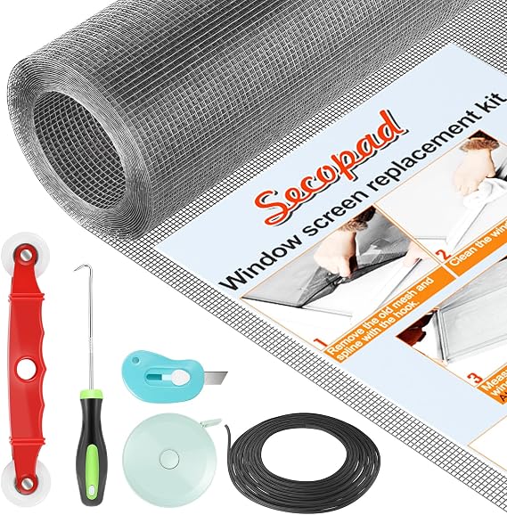 Secopad Window Screen and Screen Door Mesh Repair Kit, Grey, 48in x 118in