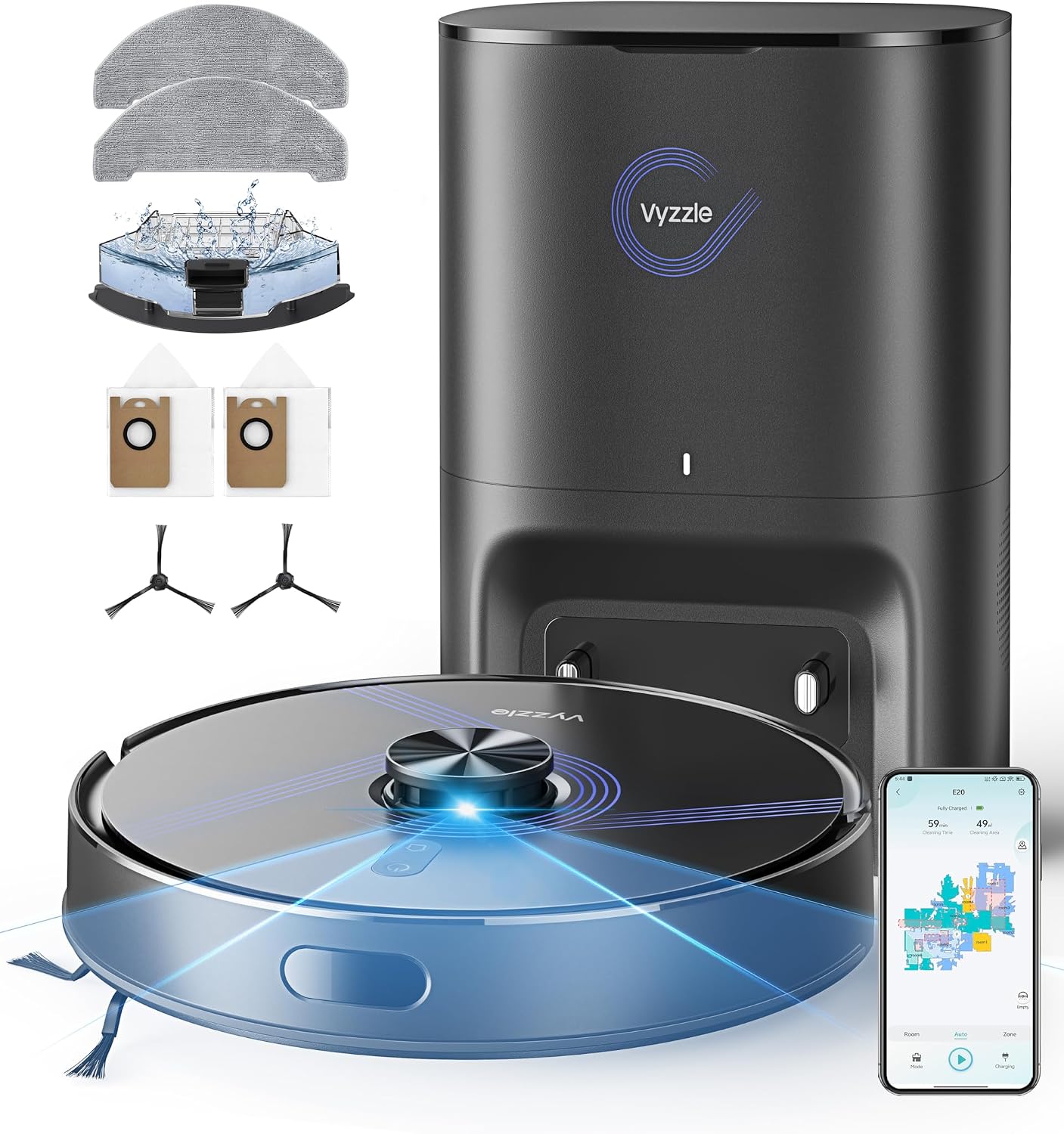 Vyzzle Robot Vacuum Cleaner with Mop Function 10000 Pa Robot Vacuum Cleaner with Suction Station 3.5 L LiDAR Navigation Vacuum Cleaner Robot for Pet Hair Carpet Floors 180 Minutes Runtime App Control (Black)