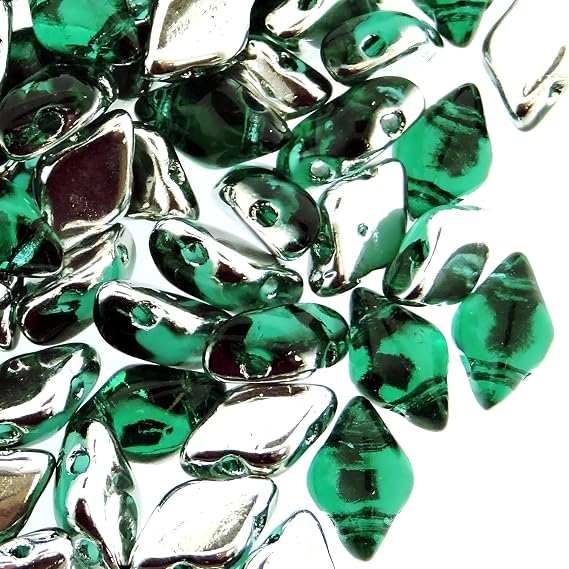 Czech Glass GemDuo Beads, 2-Hole Diamond Shaped Beads 5x8mm, 10 Grams, Backlit Teal Green