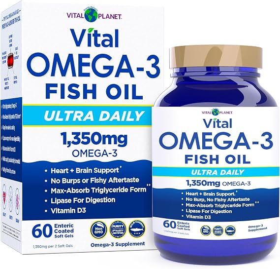 Vital Planet - Vital Omega 3 Fish Oil Ultra Daily Supplement with 1350mg of 2X Strength High Potency Cold Water Wild Caught Omega 3 Fatty Acid Supplements EPA DHA and DPA for Heart Health 60 Softgels