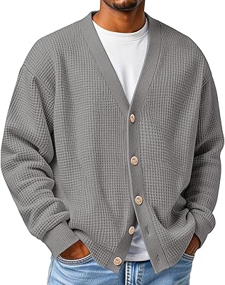 Mens Cardigan Sweater Textured Waffle Knit Long Sleeve Cardigan Open Front Lightweight Casual Button Down Cardigan