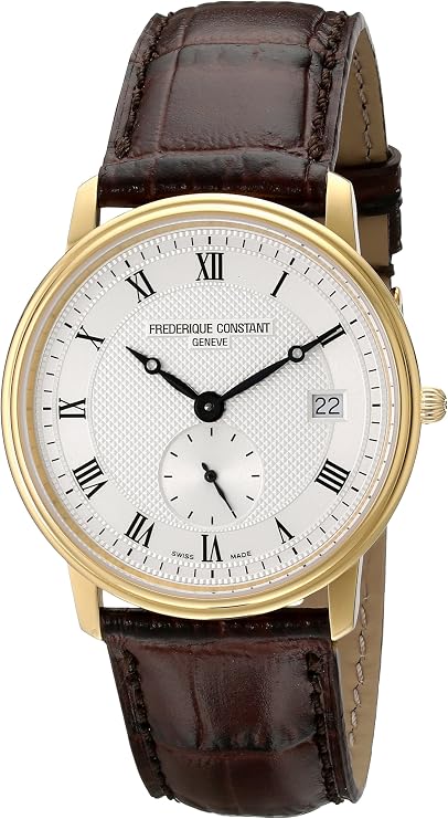 Frederique Constant Slimline Men's FC-245M4S5 Designer Stainless Steel Plated Yellow Gold Watch with Brown Leather Band, No , Modern