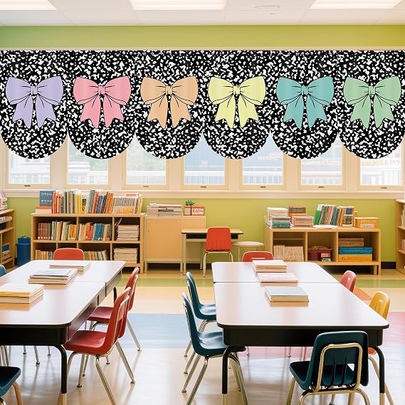 6pcs Composition Classroom Curtains Back to School Pastel Bow Curtains for Classroom Black and White Composition Curtain for Kindergarten Playroom Daycare Bedroom Living Room 36"X24"