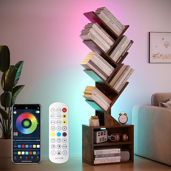 SUNMORY 6 Tier Tree Bookshelf with Lights, Bookcase with Storage Organizer