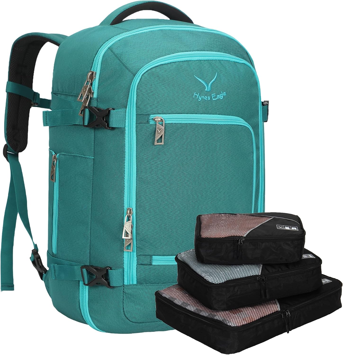 Hynes Eagle Travel Backpack 40L Flight Approved Carry on Backpack Men Large Cabin Weekender Laptop Backpack Women 15.6 inches Blue with 3PCS Packing Cubes Set Black
