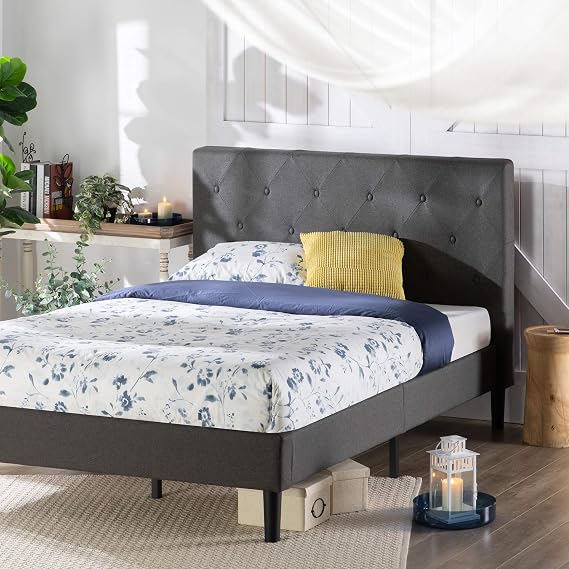 Zinus Lottie Upholstered Platform FSPB Bed Frame, Double, Wooden Slats, Quiet, Durable, Breathable, Sturdy, Square Design, Bed, Easy Assembly, Tools Included, Dark Gray