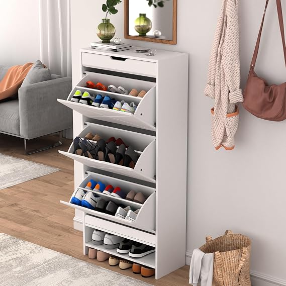 Shoe Cabinet for Entryway,Modern Slim Shoe Storage Organizer with 3 Tier Tipping Bucket and Open Shelf,White Wood Narrow Shoe Storage Cabinet