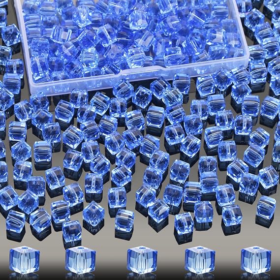 400 Pcs 2mm Cube Crystal Glass Beads for Jewelry Making, Square Crystal Beads with Box for DIY Craft Bracelets Charms (Blue)
