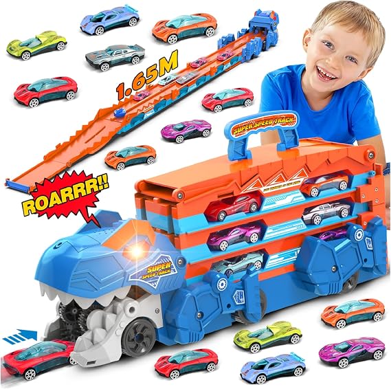 TERRAMUS Dinosaur Transport Truck - 3 in 1 Car Toy Ejection Folding Portable Track for Children with 8 Race Cars Portable Carrier Vehicles Toy Set for Children Boys 3-5 Years Old