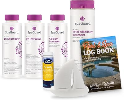 SpaGuard Chemical Balancer Maintenance Kit with Test Strips - Contains Spa Alkalinity Increaser, Calcium Increaser, pH Increaser, pH Decreaser, Scum Absorber, Test Strips & Hot Tub Care Log Book
